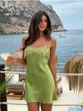 Women Chic Lime Green Satin Slip Skirt Sexy Sequin Fringe Bust Spaghetti Strap Bodycon Mini Dress Summer Party Vacation Wear New