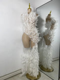 Women Sexy Luxury Rhinestone Mesh Feather Sheer See Through Long Celebrity Birthday Dress Cocktail Nightclub Performance Costume