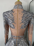 Sparkly Crystal Diamond Sexy Sheer See Through Shining Tassels Dress Long Sleeve Prom Dress Birthday Party Performance Dress