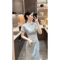 Olive Girl Blue Embroidered Qipao for Ren Faire 2026 Garden Wedding Fairycore Photoshoot Everyday Wear S-XXL XS-3XL Plus Size Embroidered Dramatic Silhouette Romantic Garden Party Editorial Not Costume Chinese Heritage Fashion Women