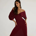 Apricot Elegant Draped Bodycon Maxi Dress for Women Off The Shoulder Ruched Accent Evening Skirt for Wedding Guest Occasions