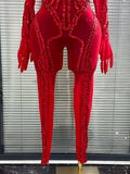 Singer Show Leotard Gogo Drag Queen Outfit Women Sexy Red Rhinestone Jumpsuit Stage Performance Costume Bar Club Birthday Party