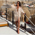 Beige Embroidered Long Tunic Top V Neck Long Sleeve Lace Fringe Hem Boho Blouse 2026 Summer Beach Vacation Cover‑up Streetwear