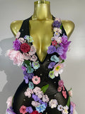 Sexy Halter Mesh See Through Long Dress Women Sparkly Diamonds 3D Flower Evening Party Birthday Photoshoot Nightclub Stage Wear