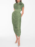Elegant Spliced Shawl Long Dress for Women Sleeveless High Waist Patchwork Folds Dresses Female New