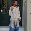 Beige Embroidered Long Tunic Top V Neck Long Sleeve Lace Fringe Hem Boho Blouse 2026 Summer Beach Vacation Cover‑up Streetwear