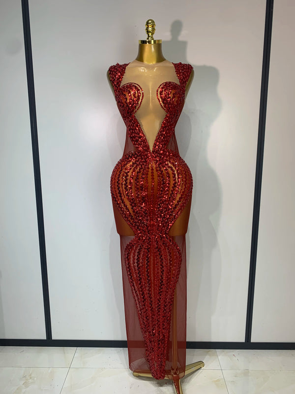 Women Sexy Evening Party Gowns Red Diamond Sequin See Through Mesh Stretch Maxi Long Dress Celebrity Elegant Singer Stage Outfit