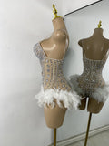 Luxury Women Sexy Shiny Crystal Feathers Hollow Out Bodysuit Nightclub Performance Dance Costume Nightclub Singer Stage Wear