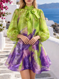 Abstract Brush Print Mini Dress for Women  Bow Tie Neck Lantern Long Sleeve Sheer Organza Loose A Line for vacation shopping