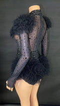 Women's Casual Summer Bodysuit Transparent Rhinestones Sexy Tight Mesh Ruffles Performance Dancer/Singer Costume for Nightclub
