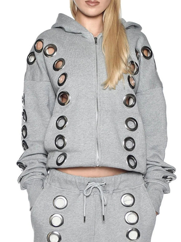 Y2K Hooded Crop Jacket Women Fall Hooded Metal Hollow Skinny Trend Simple Classic High Streetwear Casual Basis Coat