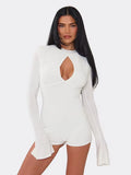 Weird Puss Hollow Playsuit Women Puff Sleeve o-Neck Skinny Solid High Elasticity Simple Classic Sexy Midnight Fashion Romper