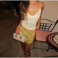 Women's Lime Green Sequined skirts Set 2 pieces sexy Spaghetti Strap Crop Top Mini Skirt with Tassel Lady Party Outfits