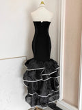 Vintage Luxurous Fishtail Dress for Women Strapless Sleeveless Spliced Irregular Ruffles Hem Sexy Chic Dresses Female Autumn