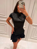 Women Solid Polka Dot Mini Dress Deep V Neck Puff Sleeve Pleated Front Button A-line Short Dresses Elegant Party 2026 Lady Gown