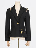 Chic Spliced Metal Pin Slimming Blazer for Women Notched Collar Long Sleeve Patchwork Mesh Hollow Out Fashion Jacket Female