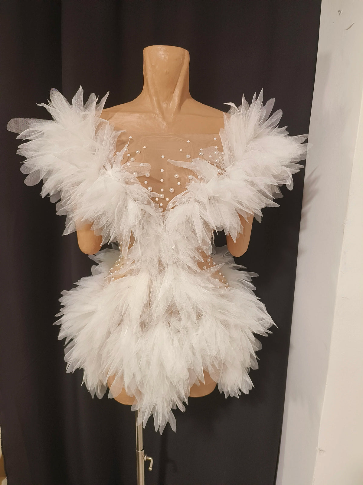 Elegant Off The Shoulder White Mesh See-Through Mini Dress Eveing Party Birthday Sexy Sparkly Rhinestone Nightclub Stage Costume