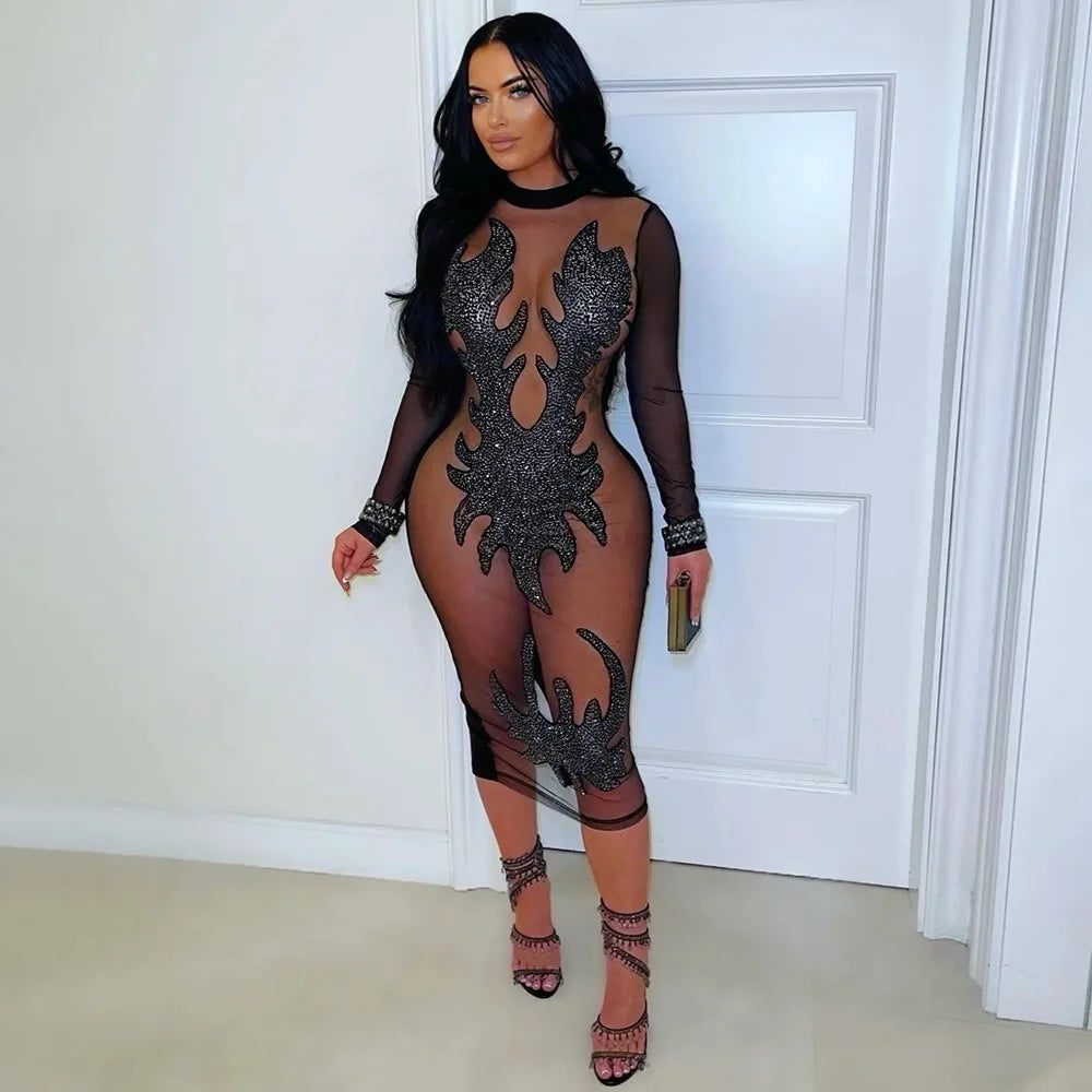 Sexy Sheer Mesh Bodycon Dresses for Woman Shining Sequin Patchwork See Through Long Sleeves Dress Female Party Clubwear