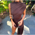 Irregular Brown Lace Uppleated Maxi Dresses Elegant Women's Full Sleeve Slim Fit Patchwork Robes 2025 New Evening Party Gowns