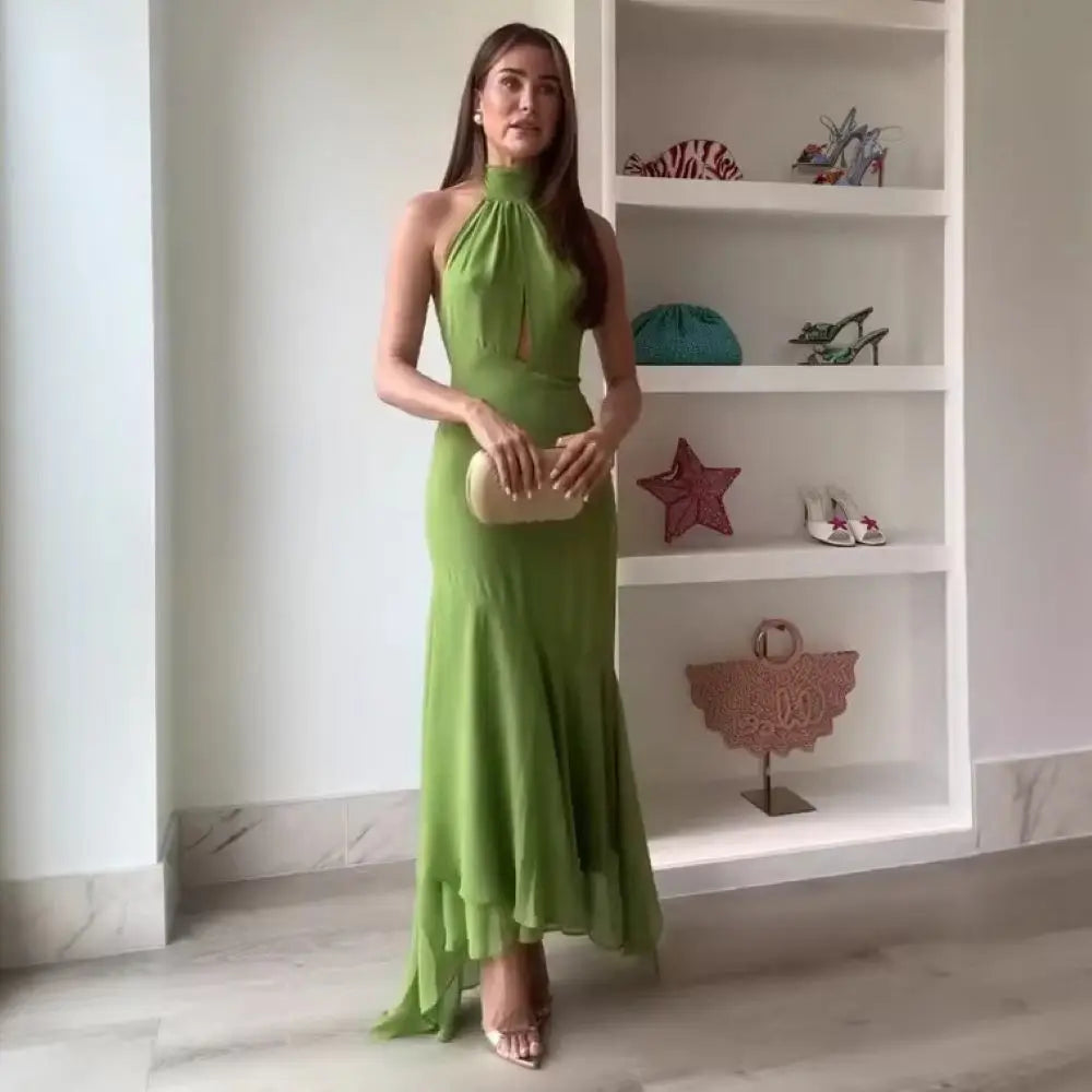 Elegant Women's Halter Long Dress Casual Hollow Out Backless Ruffles Maxi Dresses Evening Wedding Guest Party Summer New Prom