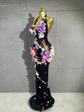 3D Floral Rhinestone Halter Maxi Bodysuit Dress Women Deep V Mesh See-Through Long Gown Carnival Rave Festival Performance Costume