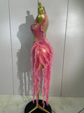 Sexy Mesh Ruffle See-Through Pink Mini Dress Women Sparkly Rhinestone Evening Gown Show Girl Night Club Star Performance Costume