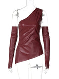 Sleeveless Skew Collar PU Leather Vest With Sleeves Top Two Pieces For Women Streetwear Fashion Slim Crop Tops Punk Style