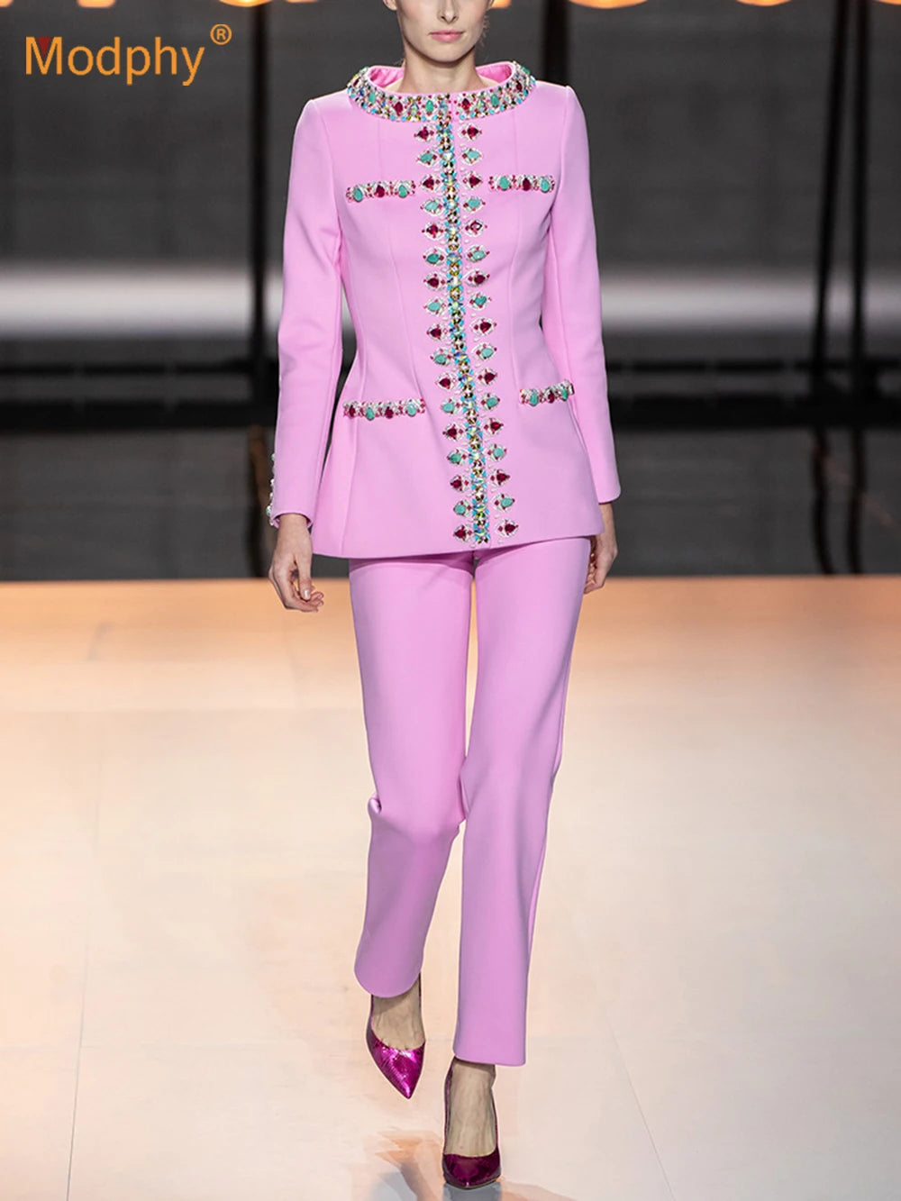 New Arrivals 2026 Designer Luxury Diamond Bead Suit Set Women's Hidden Button Blazer Pink Pencil Pants Suit 2pcs Outfit