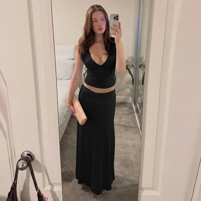 Chic Light Blue 2 Piece Outfit Women Deep V Neck Sleeveless Ruched Crop Top Low Waist Flowy Maxi Skirt Suit Party Matching Sets