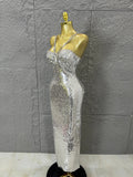 Classic Gold Sequin Mermaid Dress Rhinestone Chain Shoulder Straps Sweetheart Neck Formal Evening Gala Photoshoot Cocktail Party