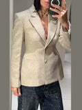 Women's Beige Tweed Blazer Jackets Fashion Lapel Long Sleeve Single Breasted Slim Coats Lady 2026 Spring Chic Office Outerwear