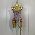 Sexy Sparkly Rhinestones Long Tassels Red Mesh Stretch Bodysuits Women Eveing Party Birthday Nightclub Performance Stage Costume