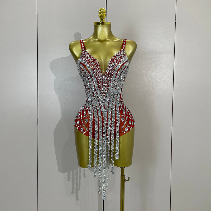 Sexy Sparkly Rhinestones Long Tassels Red Mesh Stretch Bodysuits Women Eveing Party Birthday Nightclub Performance Stage Costume