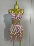 Women Evening Party Birthday Prom Nightclub Stage Costume Luxury Diamonds Chain Pearl Sexy Strapless Mesh See Through Mini Dress