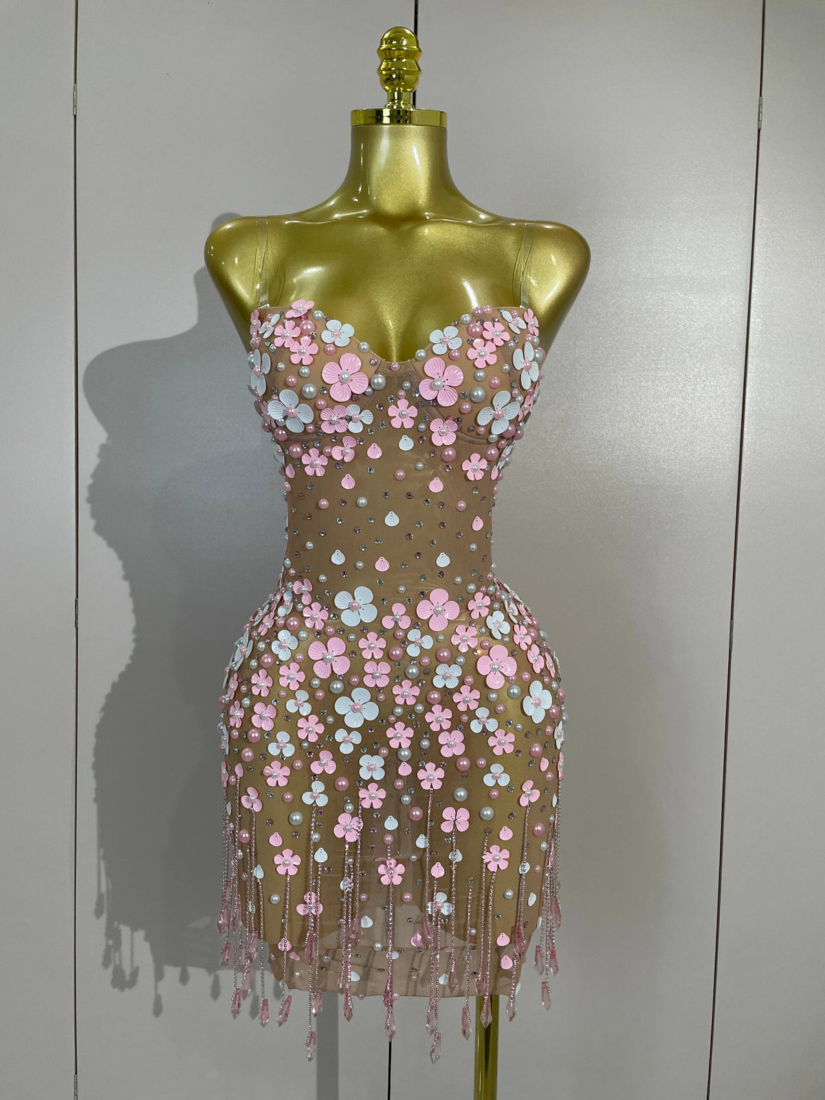 Women Evening Party Birthday Prom Nightclub Stage Costume Luxury Diamonds Chain Pearl Sexy Strapless Mesh See Through Mini Dress