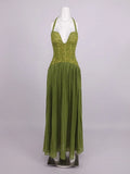 Elegant Women's Halter Long Dress Corset Maxi Pleated Dresses Summer Evening Party Bridesmaid Wedding Guest Gown
