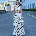 Women Long Dress 2 Piece Elegant Polka Dot Sleeveless Top Ruffle Pleated Dress Set Luxury Party Sexy Female Dress Set