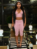 Sexy Fashion 3 Piece Set Woman Polka Dot Print Halter Bra Tops+Low-Neck Mini Sleeve Tees+Skinny Crop Pants Outfits
