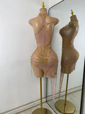 Sparkly Rhinestone Shining Women Sexy Bodycon See Through Irregular Hem Mini Dress Birthday Party Performance Costume