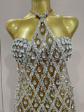 Sexy Sparkly Sequin Diamond Mesh Transparent Two Piece Set Women Celebrate Evening Party Birthday Dress Stage Photo Shoot Wear