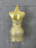 Women Sexy Metallic Gold Silver Bronze Bodycon Dress with Thin Straps and Drawstring Hem Evening Event Women Clubwear Outfit