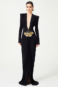 Women Long Sleeve Sexy Deep V-Neck Shinning Beading Bodycon Floor-length Dress Celebrate Evening Party Prom Cocktail Outfit