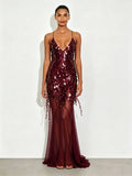 New Summer Sequins Patchwork Mesh Slim Long Dress Women Casual Vacation Dress Sexy Suspender V Neck Backless Evening Dress