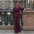 Women Solid Lapel Neck Top Pant Suit Set Elegant Full Sleeve Single Breasted Slim Coat Leg Loose Pants Suit Lady New Chic Sets