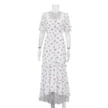 White Pink Floral Choker Neck Dress Women Elegant V-neck 3/4 Sleeves Peplum Ruffle Hem Long Dresses 2026 Lady Daily Vestidos New