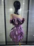 Purple Color Women Sexy Shining Rhinestones Mesh See Through Bodycon Mini Dress Sequined Celebrate Nightclub Party Birthday Wear