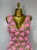 Women Luxury Pink Flowers Pearls Lace See Through Bodycon Mini Dress Birthday Photoshoot Evening Party Nightclub Stage Costume