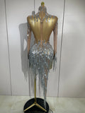 Sparkly Rhinestone Golden Sequins Tassel Sexy Transparent Dress Women Evening Birthday Party Nightclub Dance Singer Stage Outfit