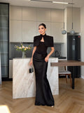Satin Mermaid Maxi Dress Women Shoulder Pad Cutout Stand Collar Ruched Bodycon Evening Gown Wedding Prom New Hot Luxe Gowns 2026