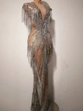 Women Sexy Mesh Sparkly Rhinestone Tassels Stretch Long Dress Evening Nightclub Singer Dance Stage Costume Luxury Birthday Gowns